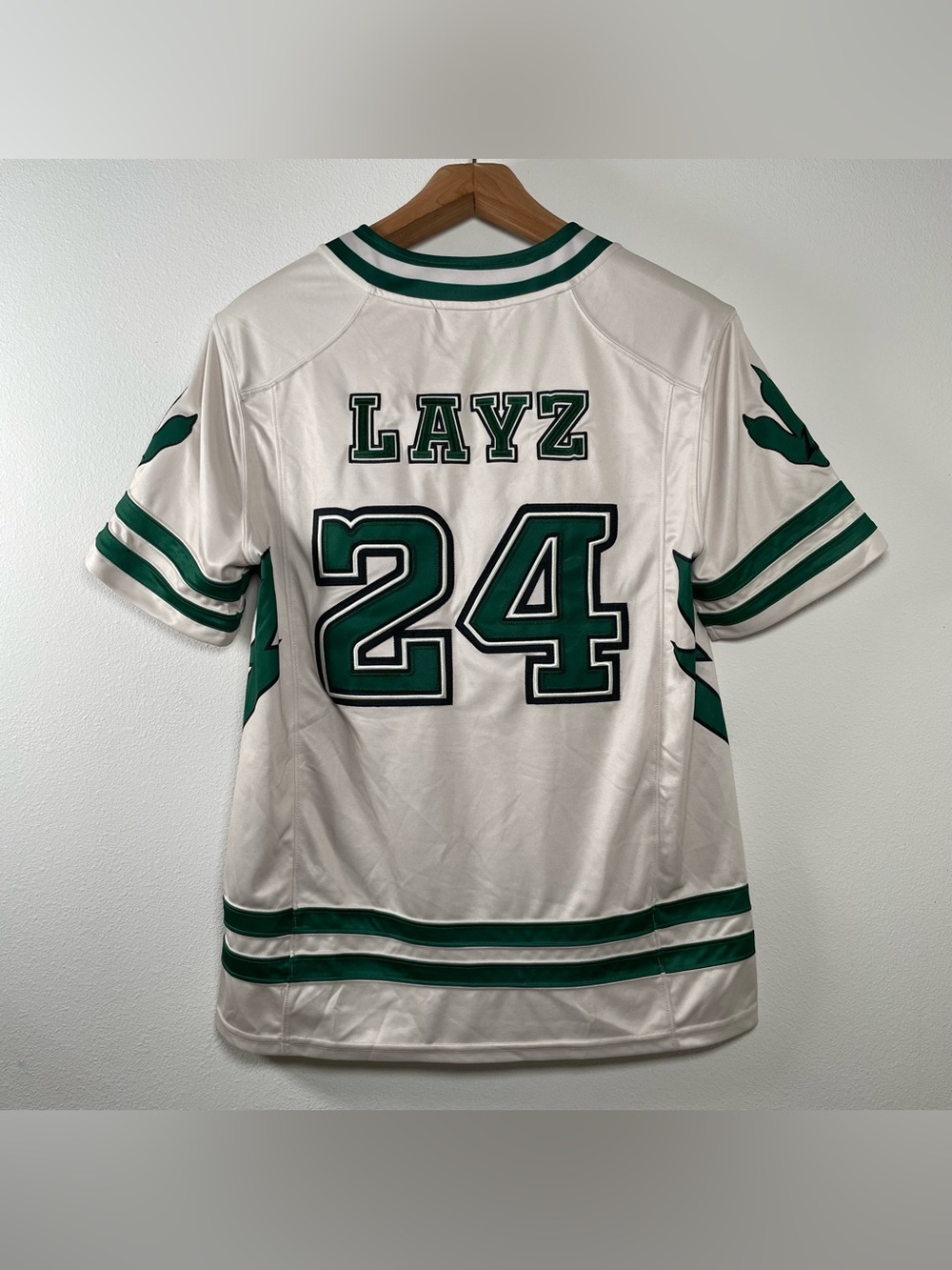 LAYZ EDM Rave Football Jersey Size S White Green Stitched Dubstep Merch Festival
